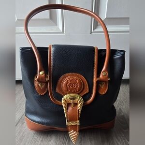 Vintage ALBA Two-Tone Vegan Leather Pebbled Satchel Bag Navy & Tan Western Style